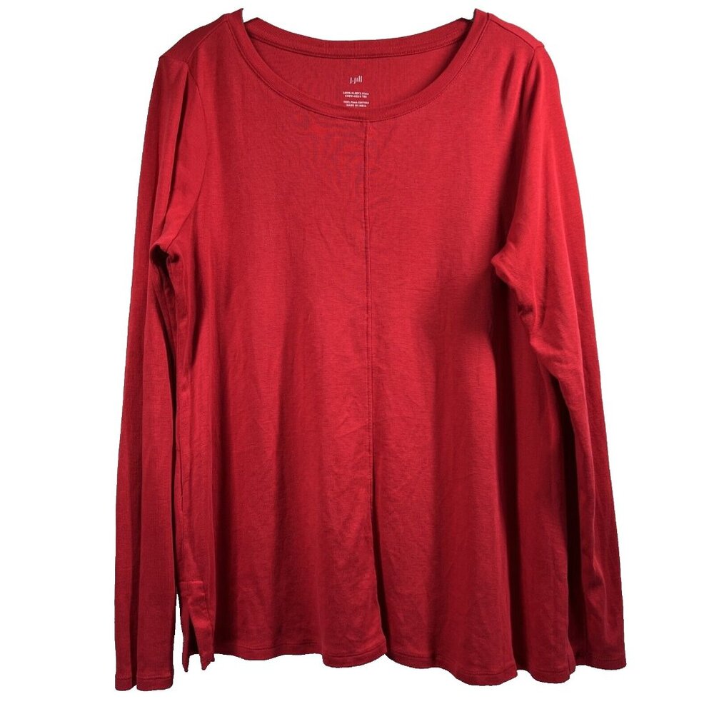 J Jill Women's Top Crew Neck Tee Size M Solid Red 100% Pima Cotton Long Sleeve‎